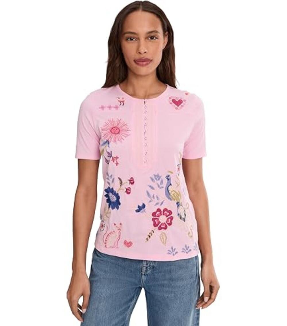 Johnny Was Pink Embroidered Short Sleeve Seamed Henley Tee Top Cotton Medium